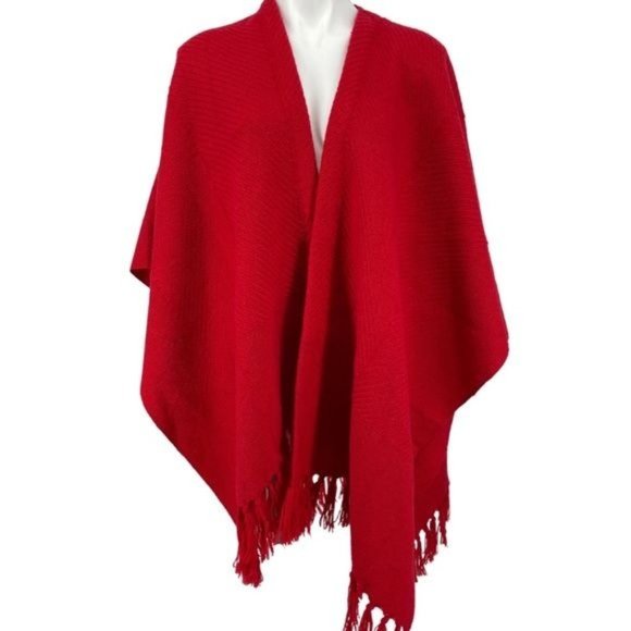 Handwoven Fringed Wool Poncho Red Churchill Artisan Made Shawl Wrap - Christmas - Picture 1 of 8